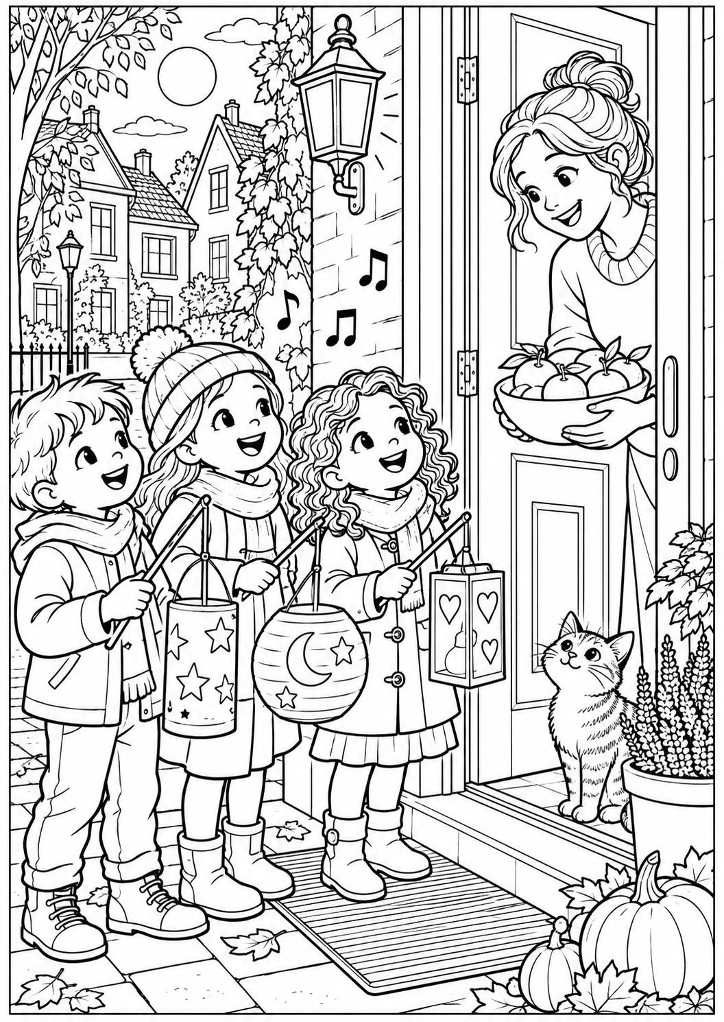 Singing at the front door — printable coloring page