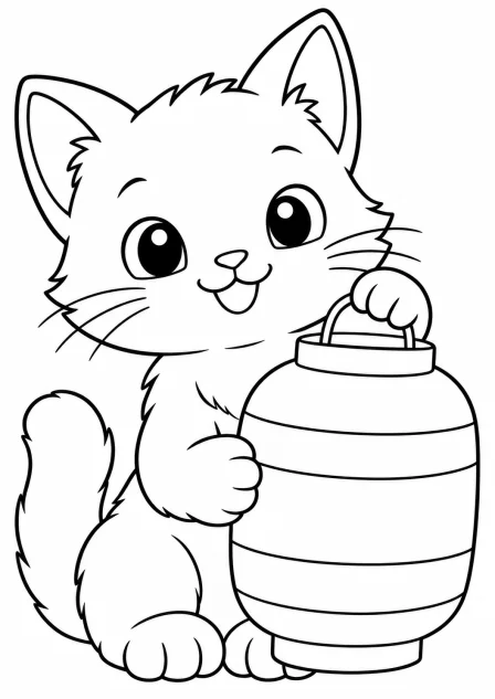The cat with a lantern — printable coloring page