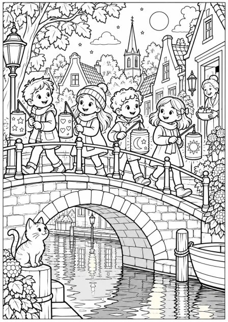 Lanterns by the bridge — printable coloring page