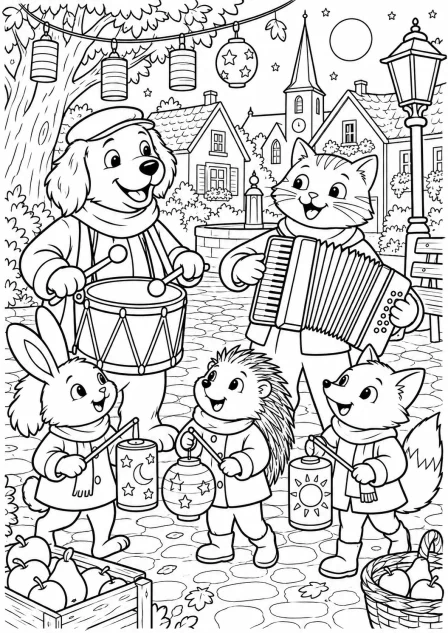 Musicians beside the lanterns — printable coloring page