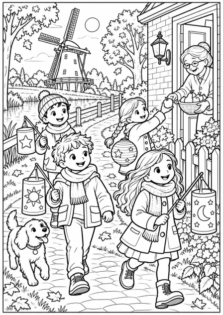 The parade by the windmill — printable coloring page