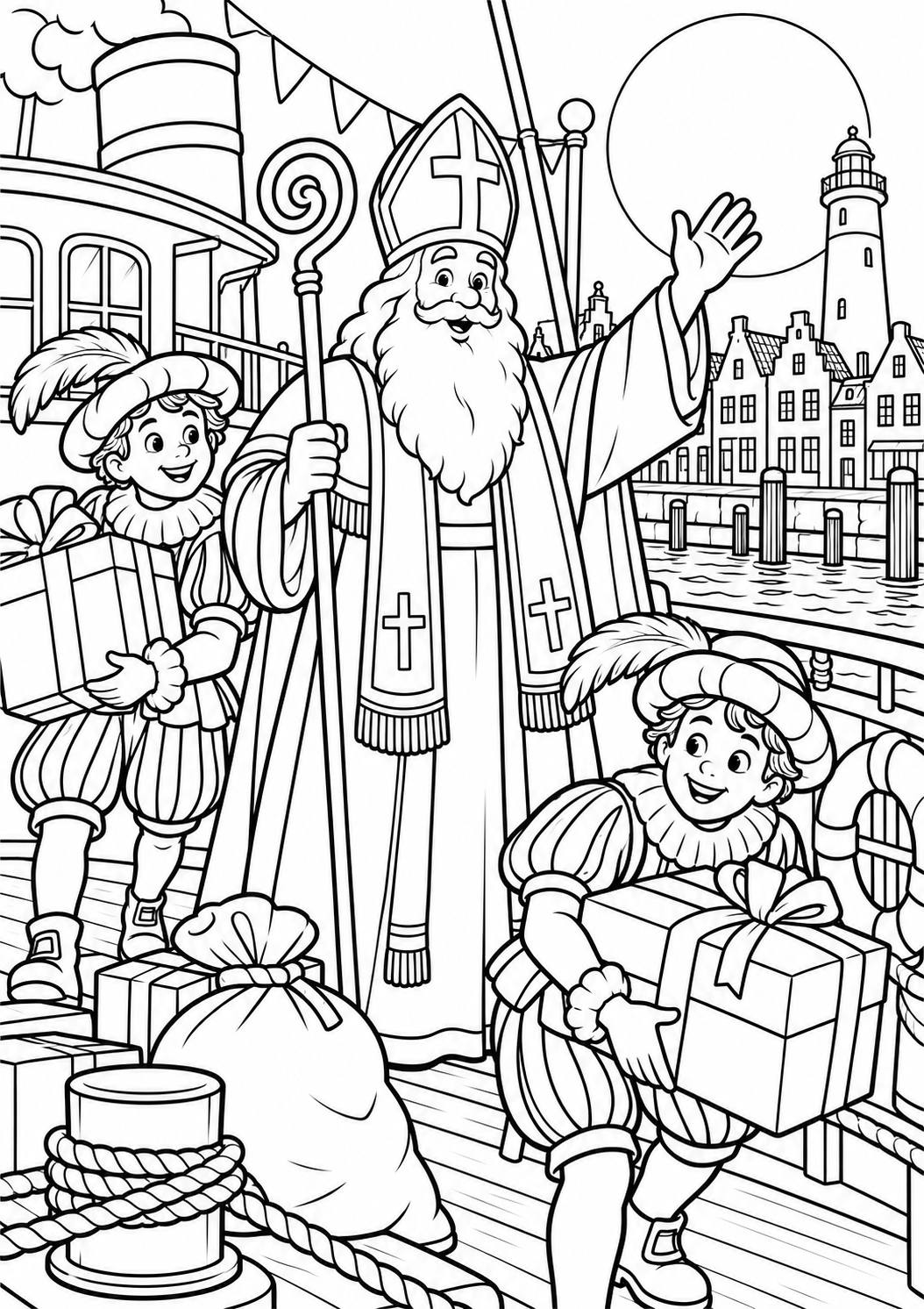 The harbour in moonlight — printable coloring page