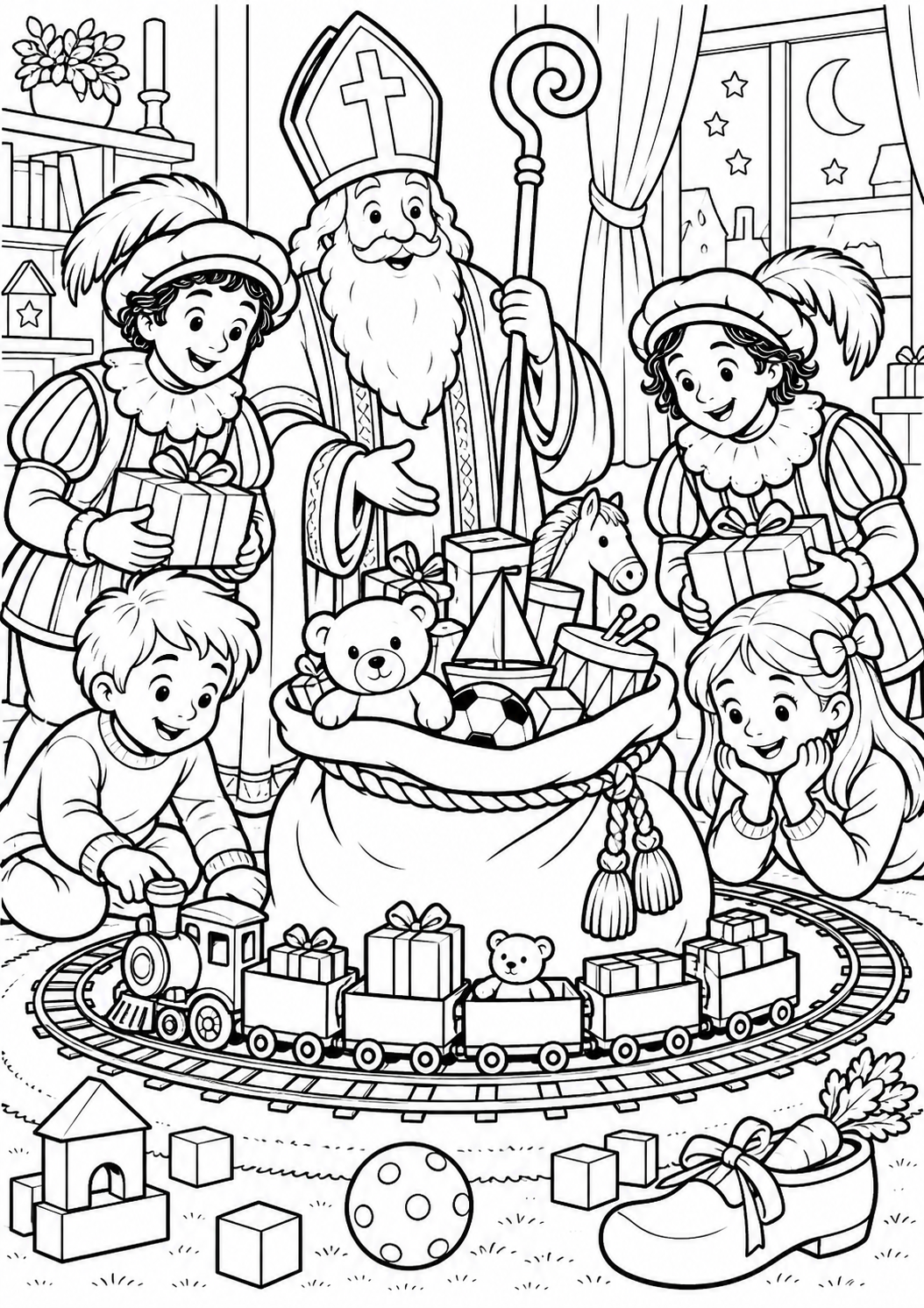 The toy train sets off — printable coloring page