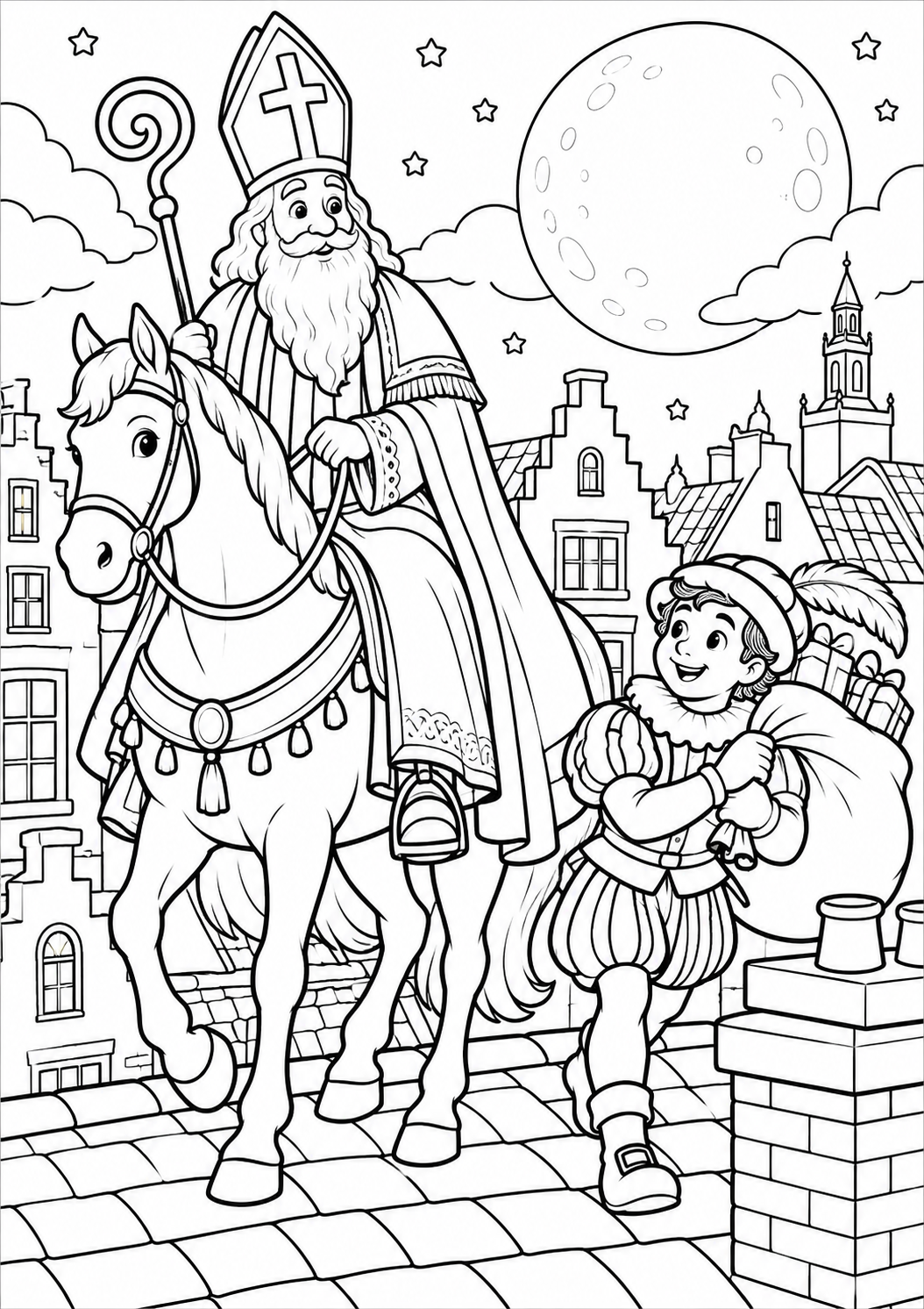 Stars above the rooftops — printable coloring page