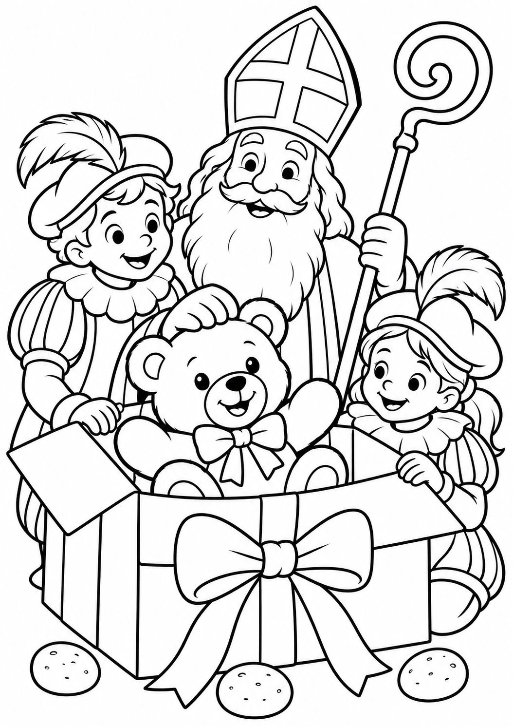 The teddy bear in the present — printable coloring page