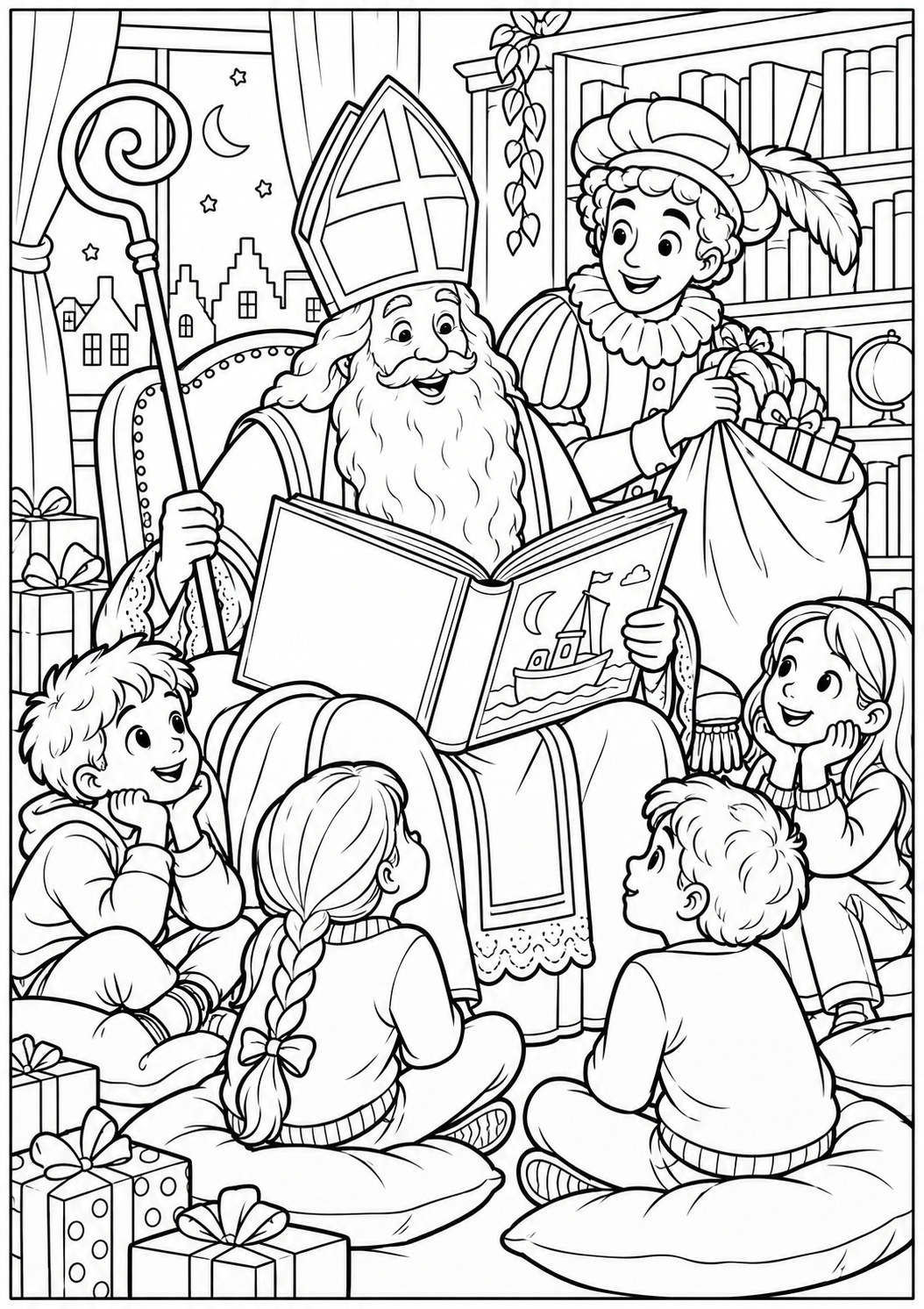 A celebration in the library — printable coloring page