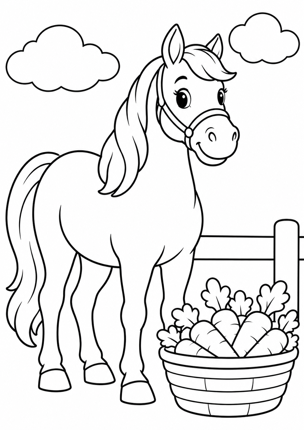 The horse in the meadow — printable coloring page