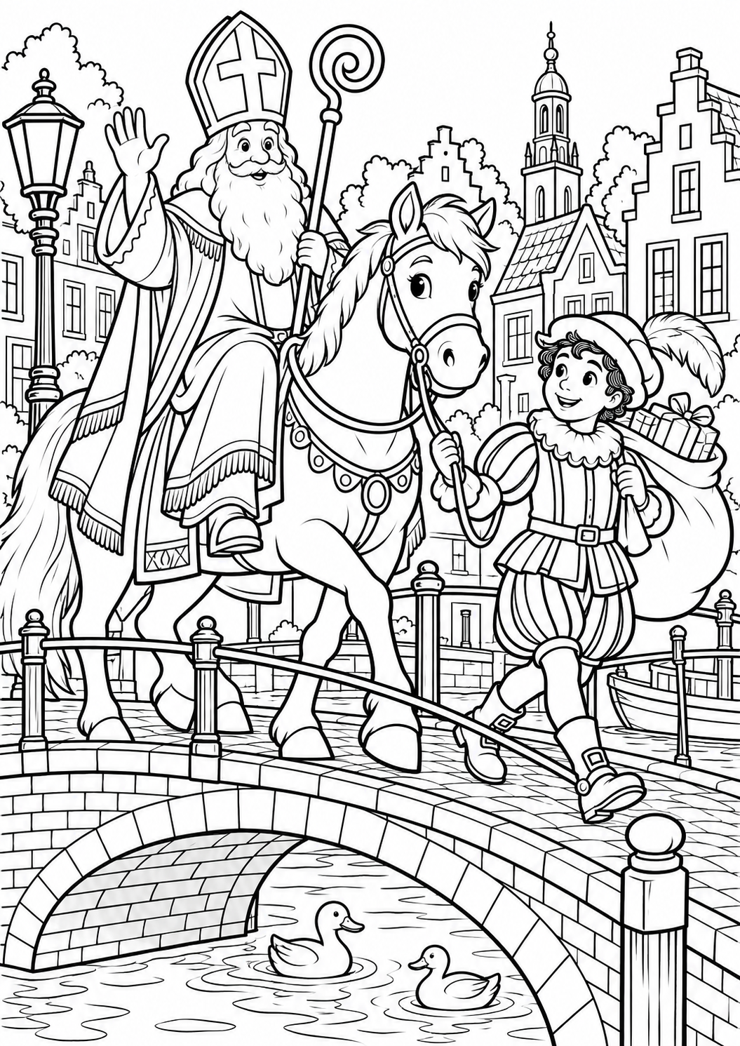 The horse crosses the bridge — printable coloring page