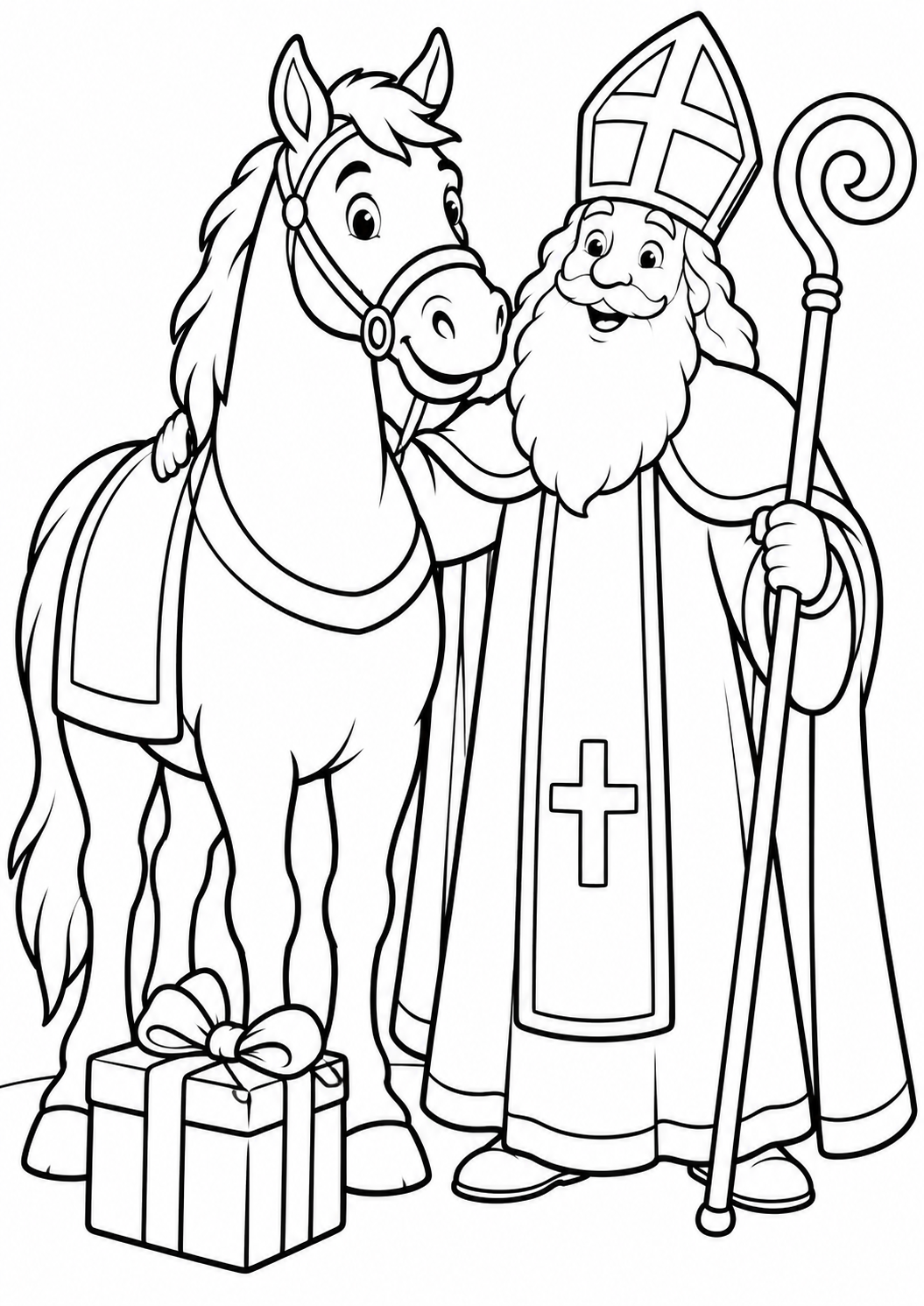 A horse with a present — printable coloring page