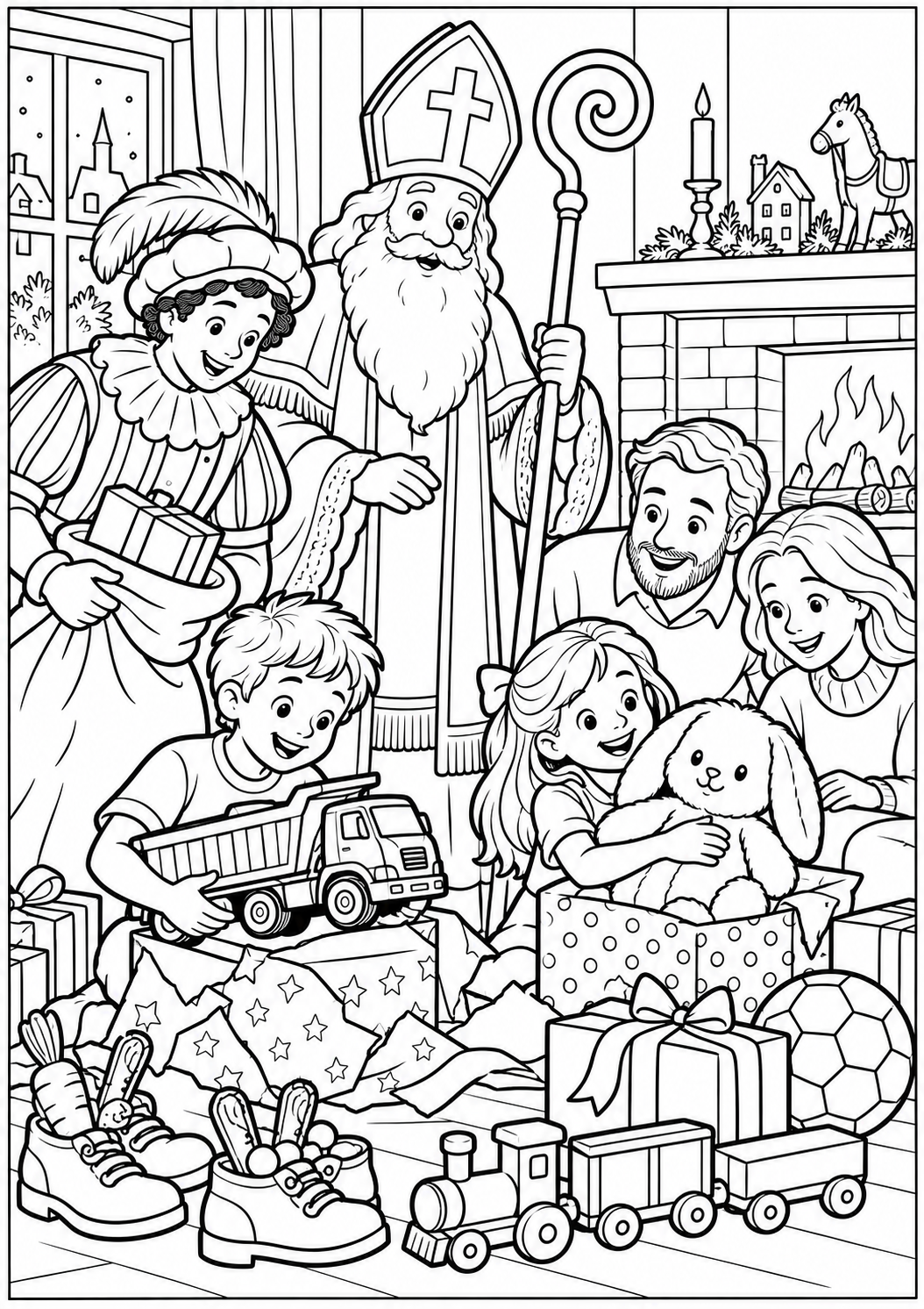 Gift evening at home — printable coloring page