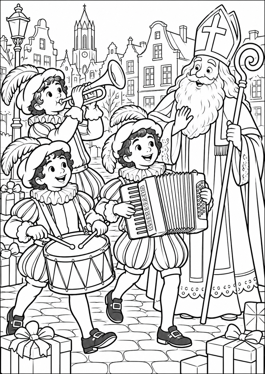 The helpers practise music — printable coloring page