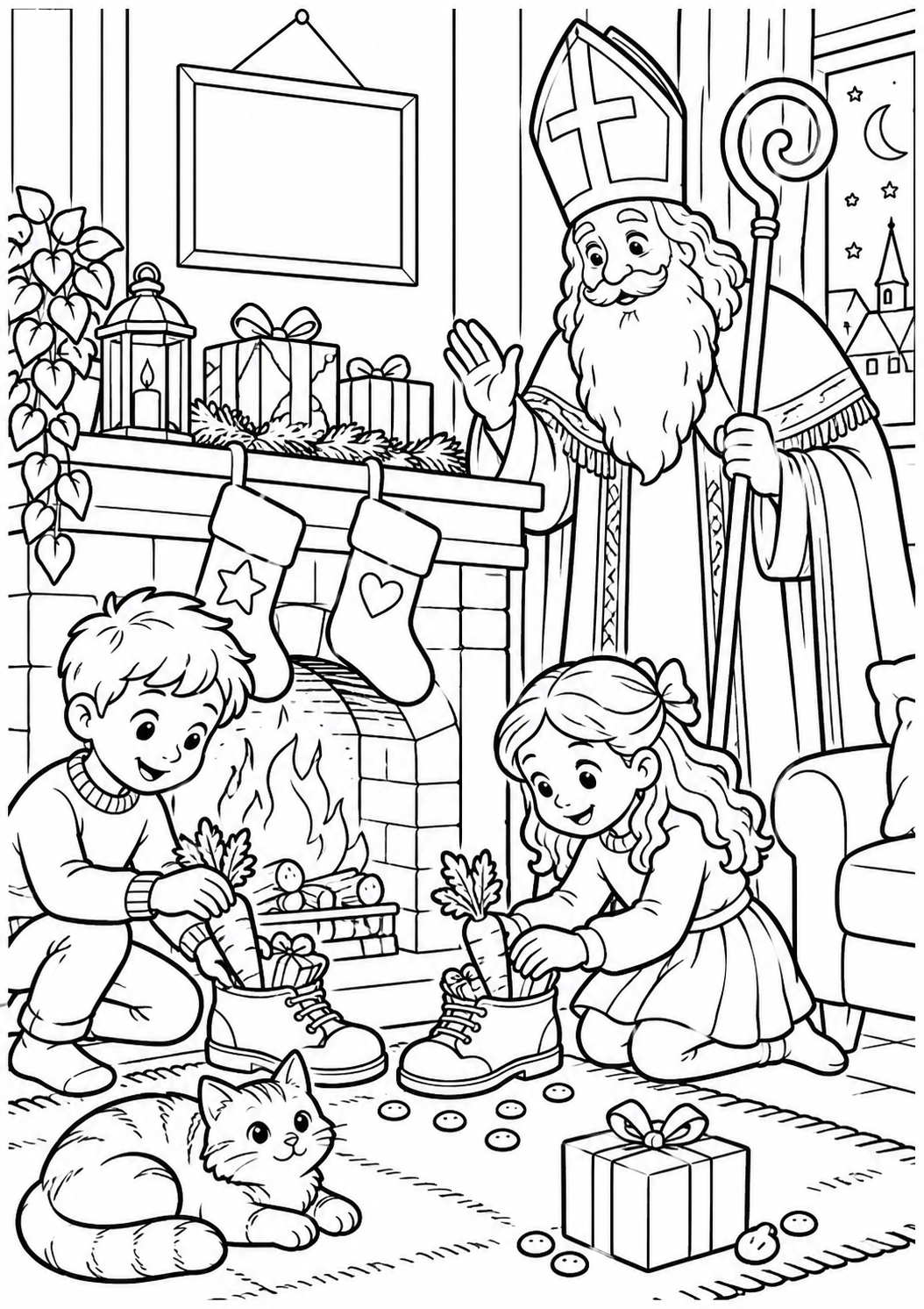 Little shoes by the fireplace — printable coloring page
