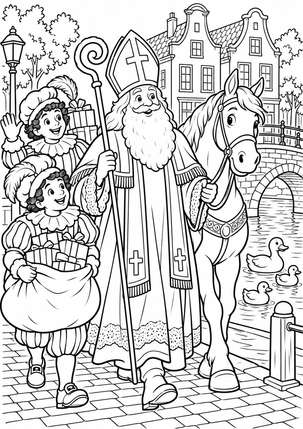 Sinterklaas by the canal — printable coloring page