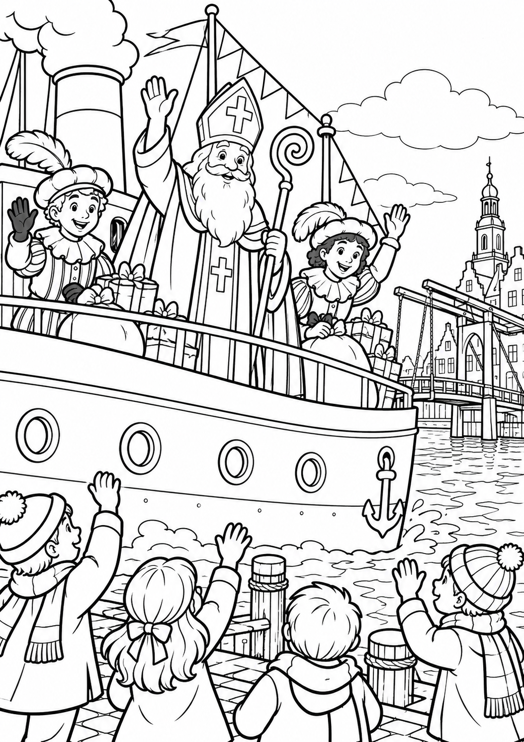 Sinterklaas says goodbye — printable coloring page