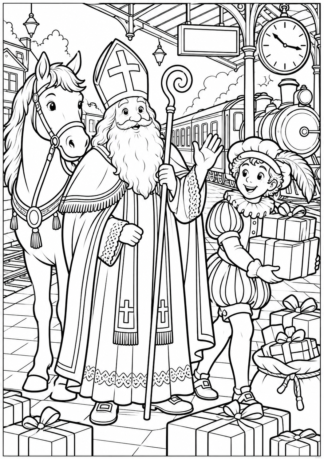 Sinterklaas at the station — printable coloring page