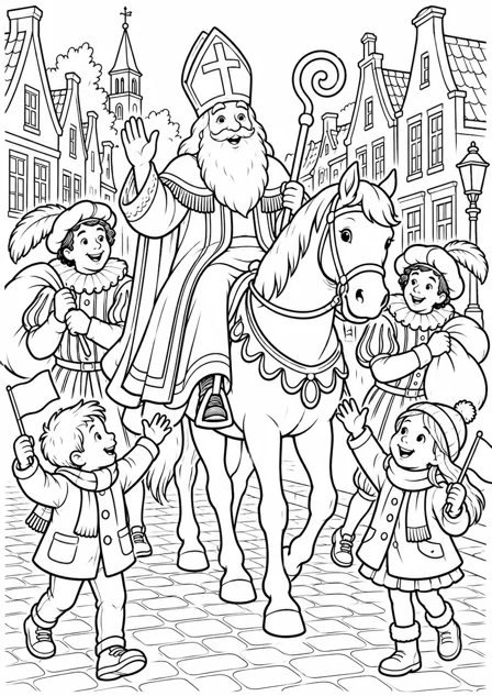 The parade through the village — printable coloring page