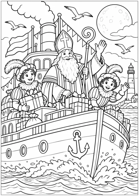 The gift boat at sea — printable coloring page