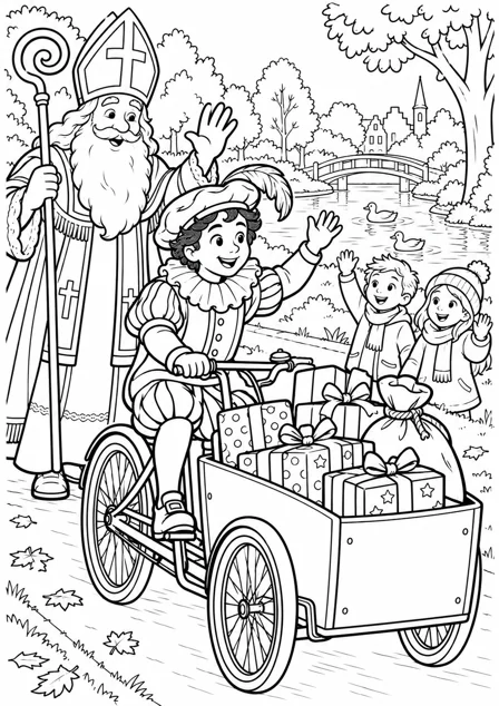 The gift bicycle in the park — printable coloring page