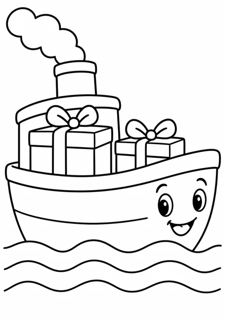 A little boat with presents — printable coloring page