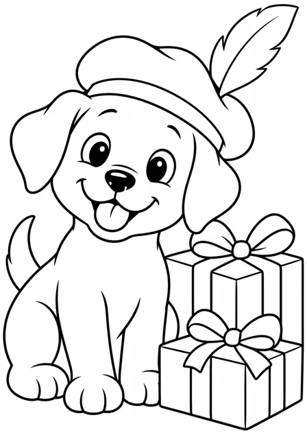 The puppy beside the presents — printable coloring page