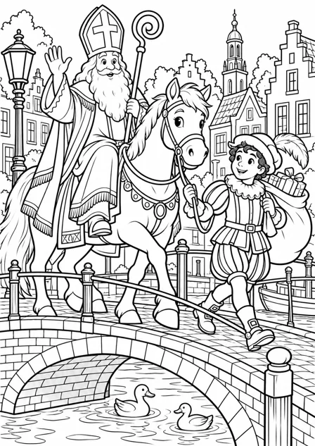 The horse crosses the bridge — printable coloring page