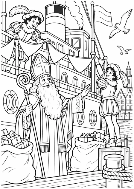 A helper decorates the boat — printable coloring page