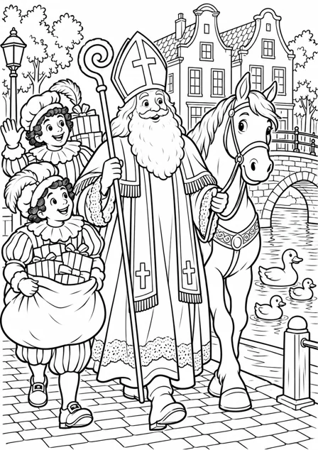 Sinterklaas by the canal — printable coloring page