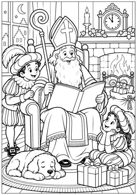 Sinterklaas reads his book — printable coloring page