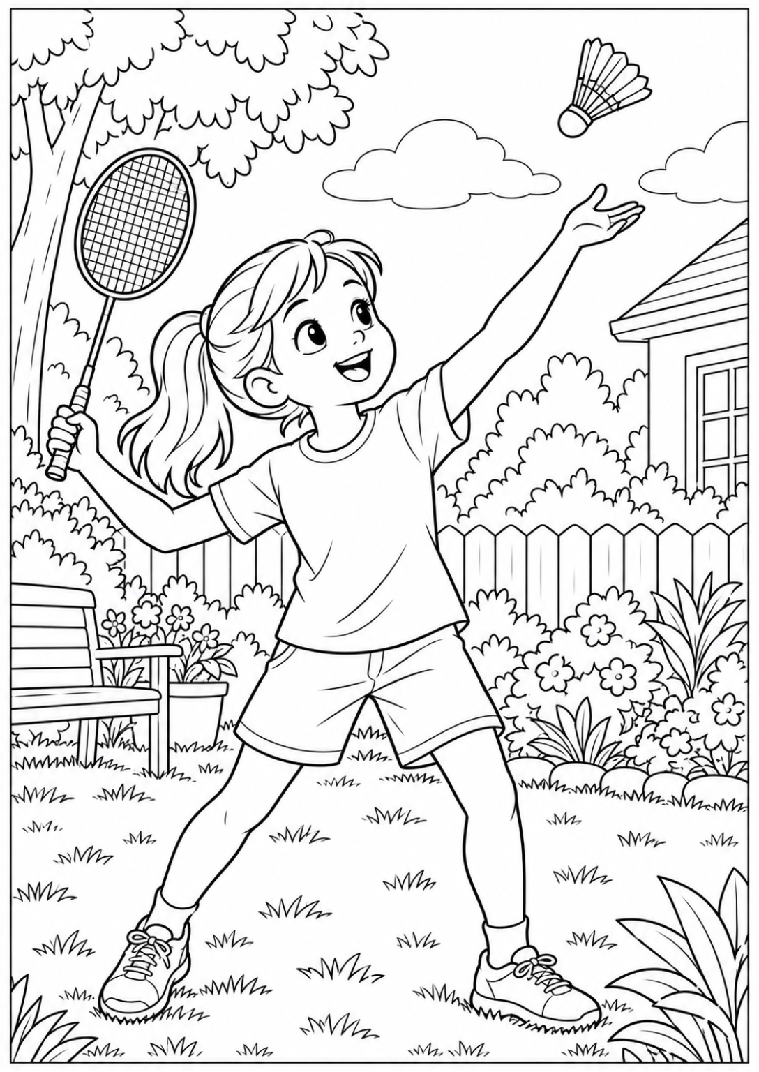 Garden badminton — More details — printable coloring page