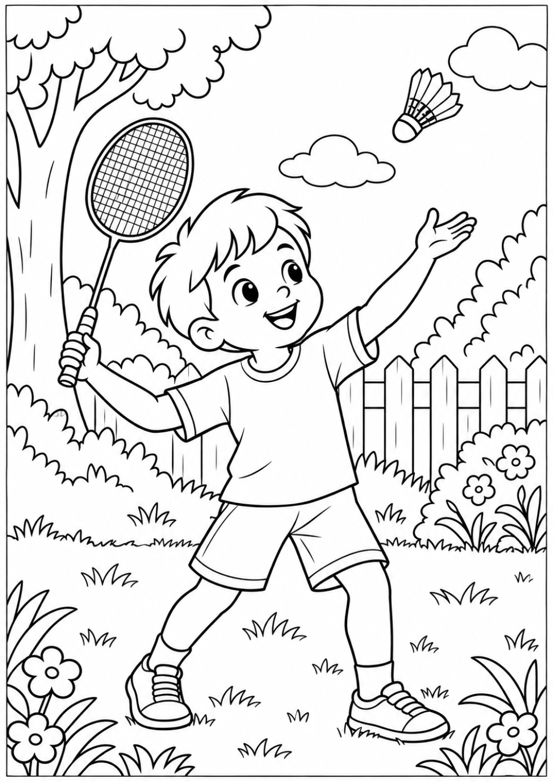 Garden badminton — Large shapes — printable coloring page