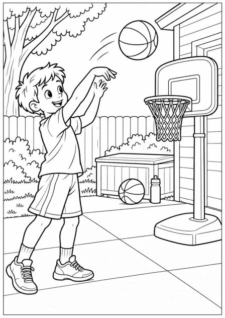 Basketball by the hoop — More details — printable coloring page