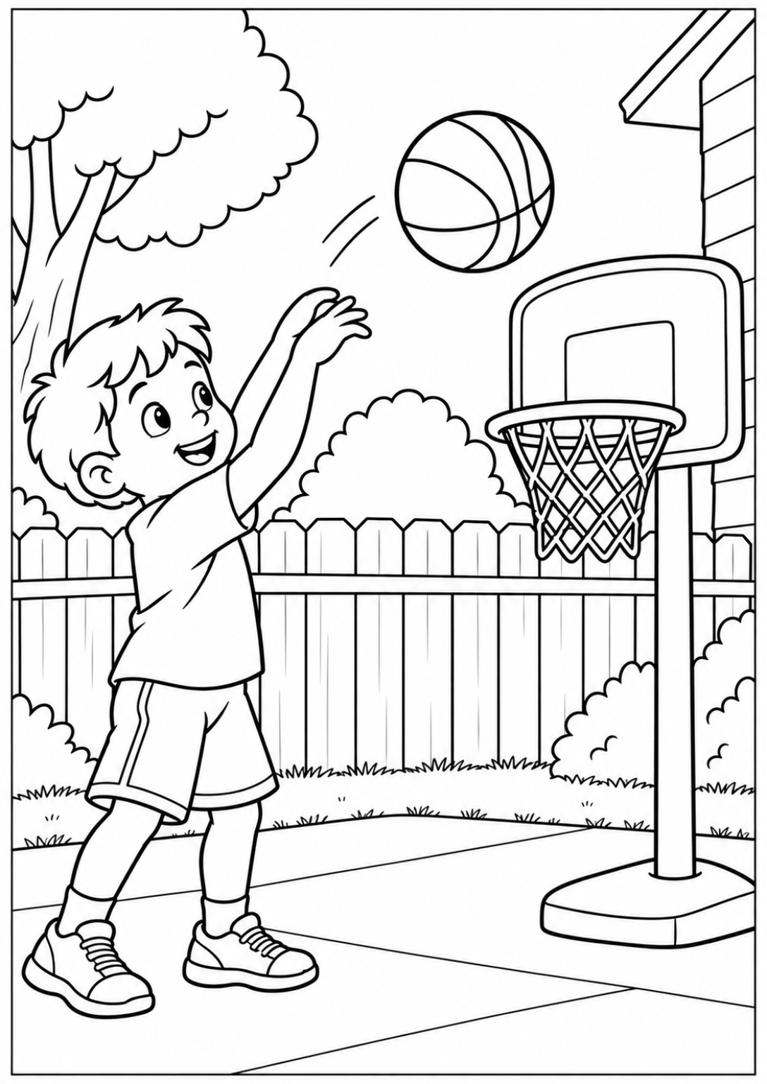 Basketball by the hoop — Large shapes — printable coloring page