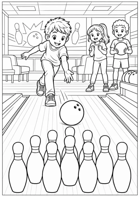 Bowling with friends — More details — printable coloring page