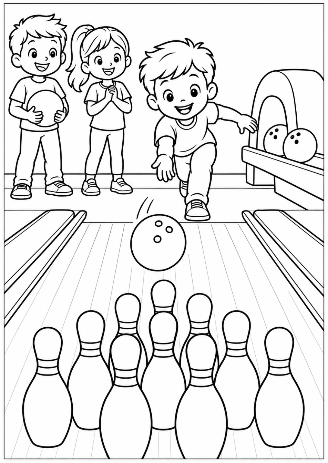 Bowling with friends — Large shapes — printable coloring page