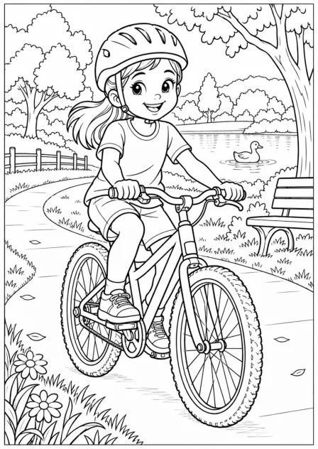 Cycling along the path — More details — printable coloring page