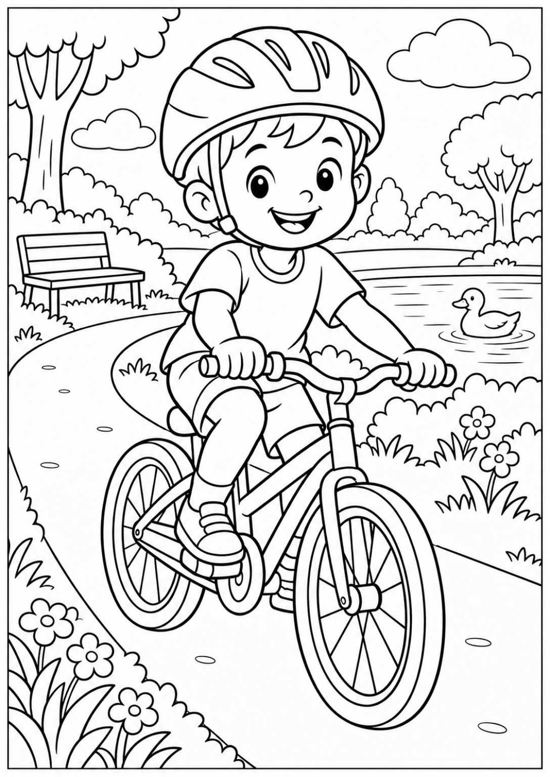 Cycling along the path — Large shapes — printable coloring page