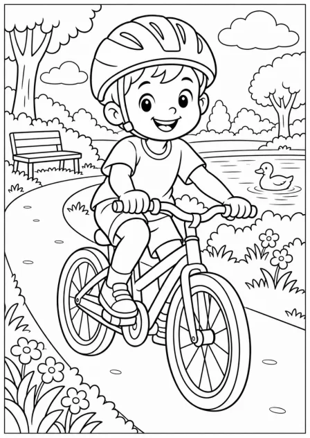 Cycling along the path — Large shapes — printable coloring page