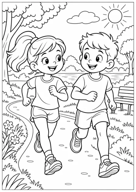 Running in the park — Large shapes — printable coloring page