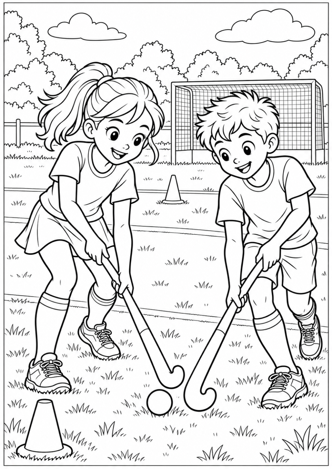 Field hockey practice — More details — printable coloring page