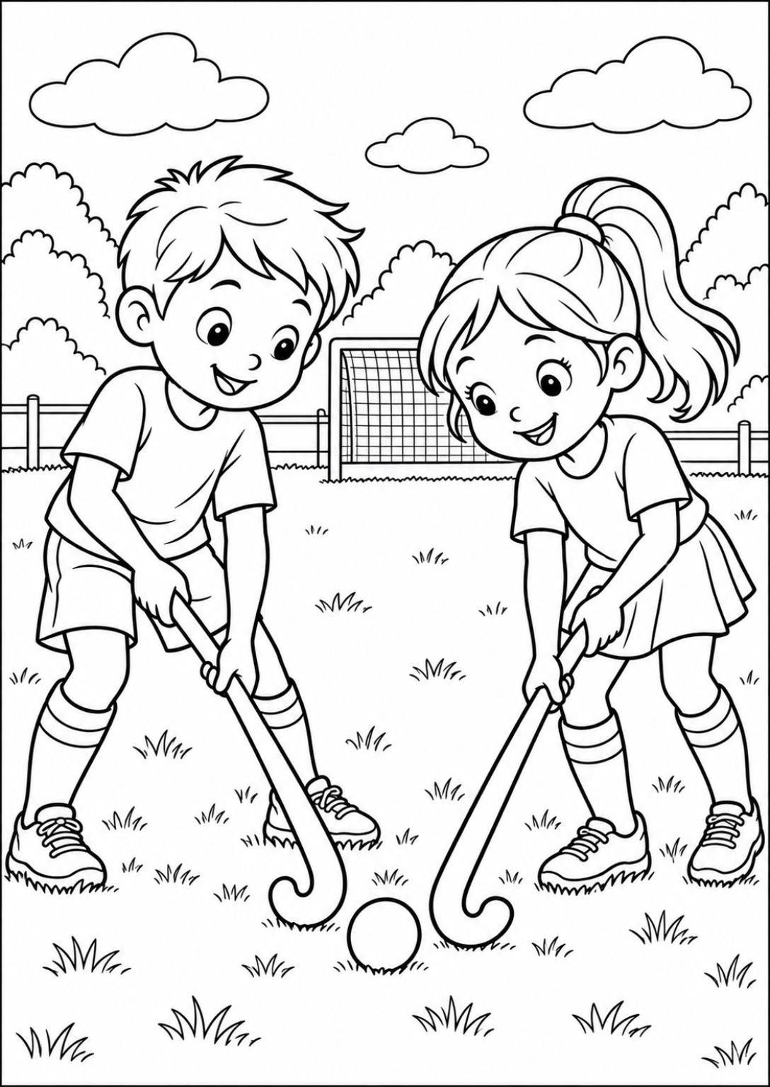 Field hockey practice — Large shapes — printable coloring page
