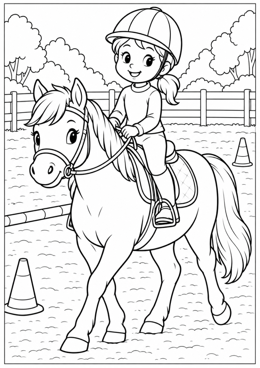 Riding in the paddock — Large shapes — printable coloring page