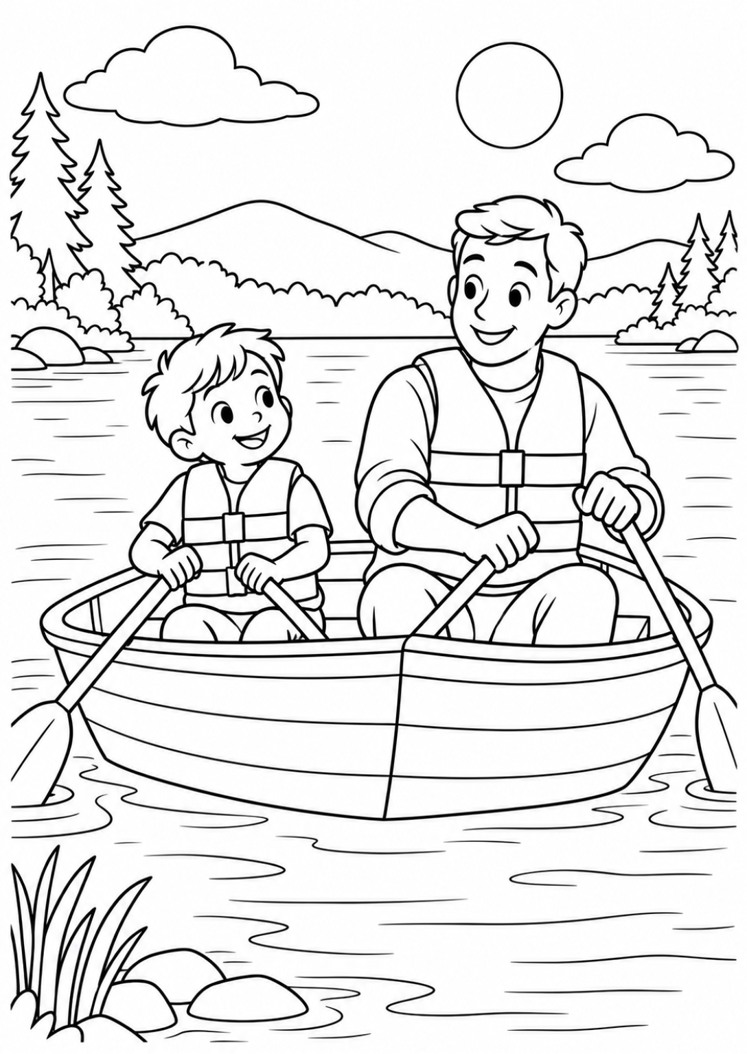 Rowing on the lake — Large shapes — printable coloring page