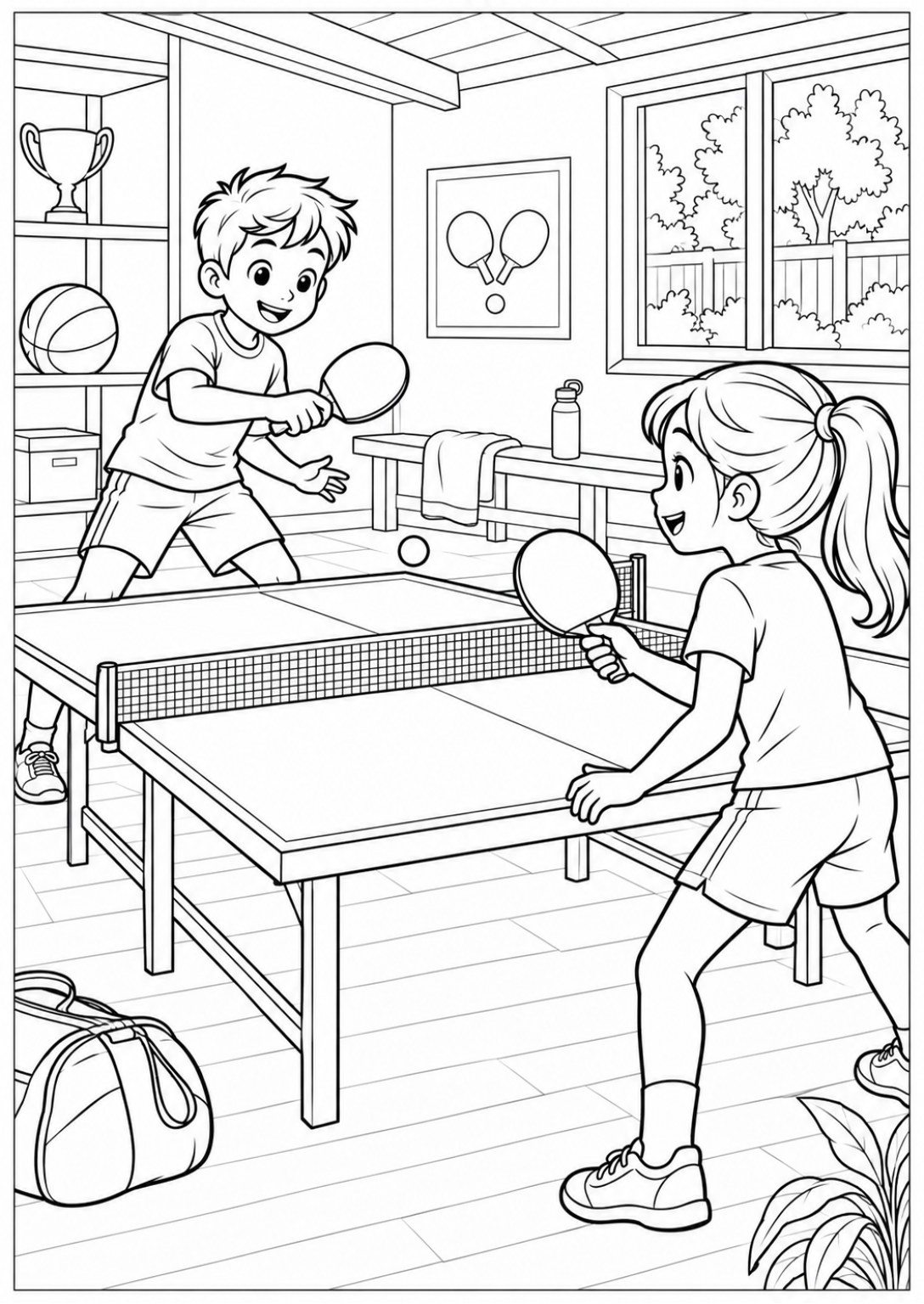 Playing table tennis together — More details — printable coloring page
