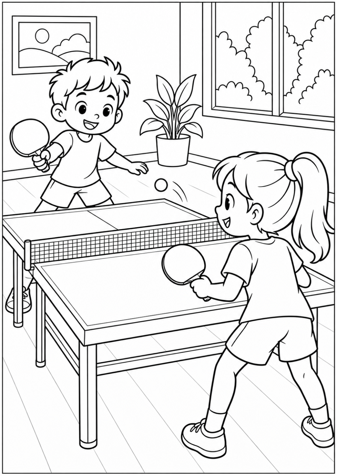 Playing table tennis together — Large shapes — printable coloring page