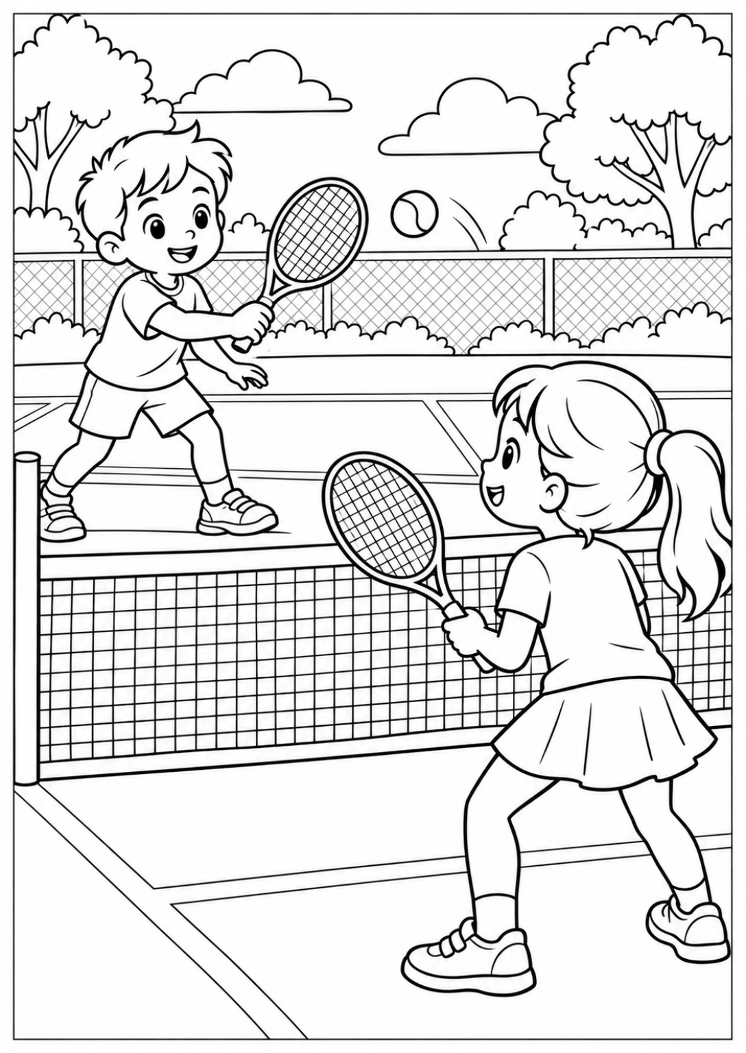 Tennis with a friend — Large shapes — printable coloring page