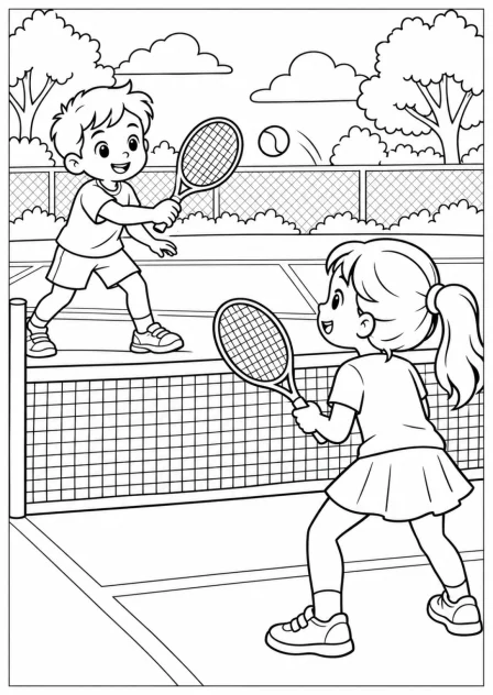 Tennis with a friend — Large shapes — printable coloring page