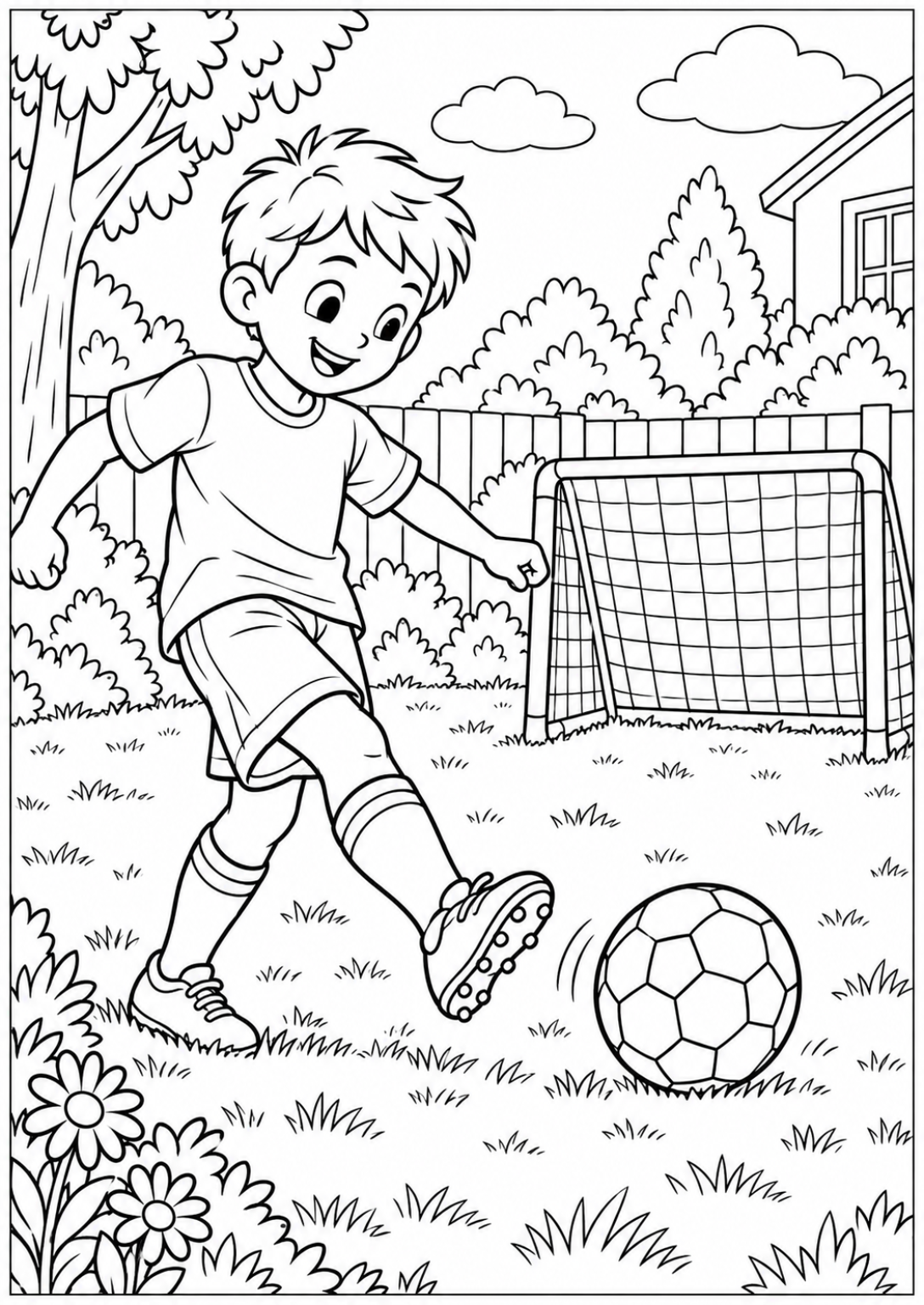 Football in the garden — More details — printable coloring page