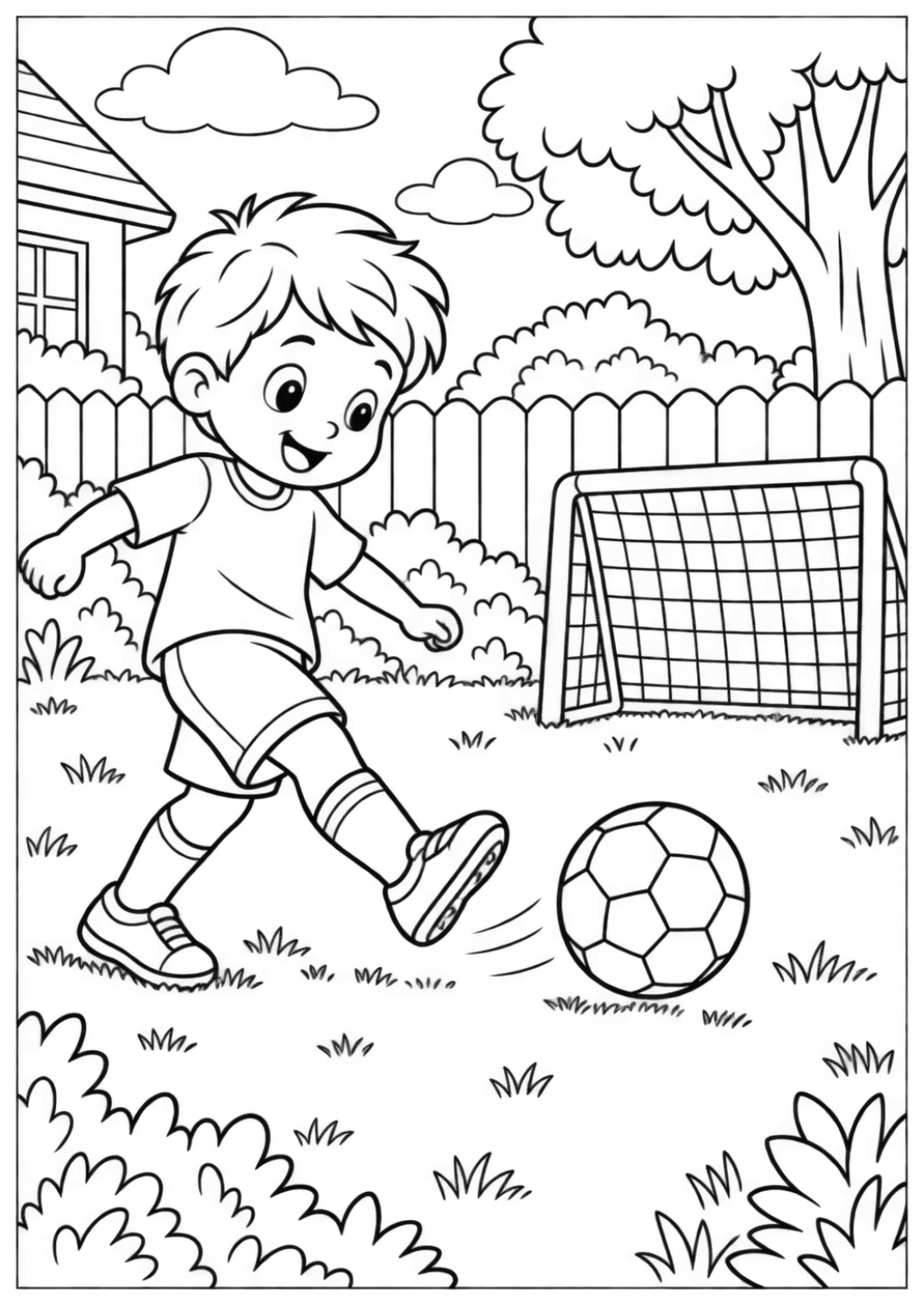 Football in the garden — Large shapes — printable coloring page