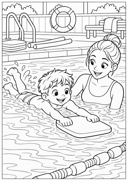 Swimming in the pool — More details — printable coloring page