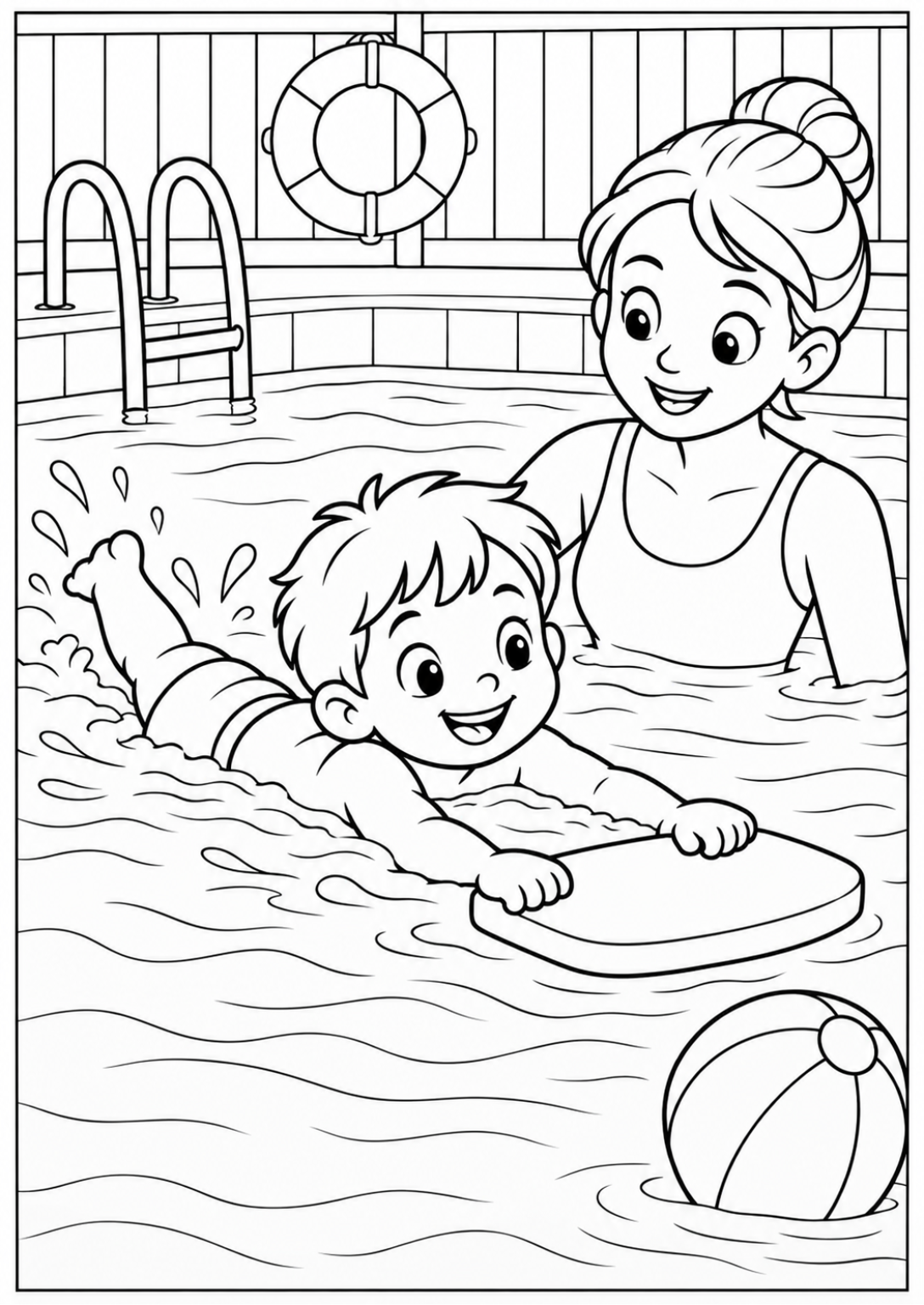 Swimming in the pool — Large shapes — printable coloring page